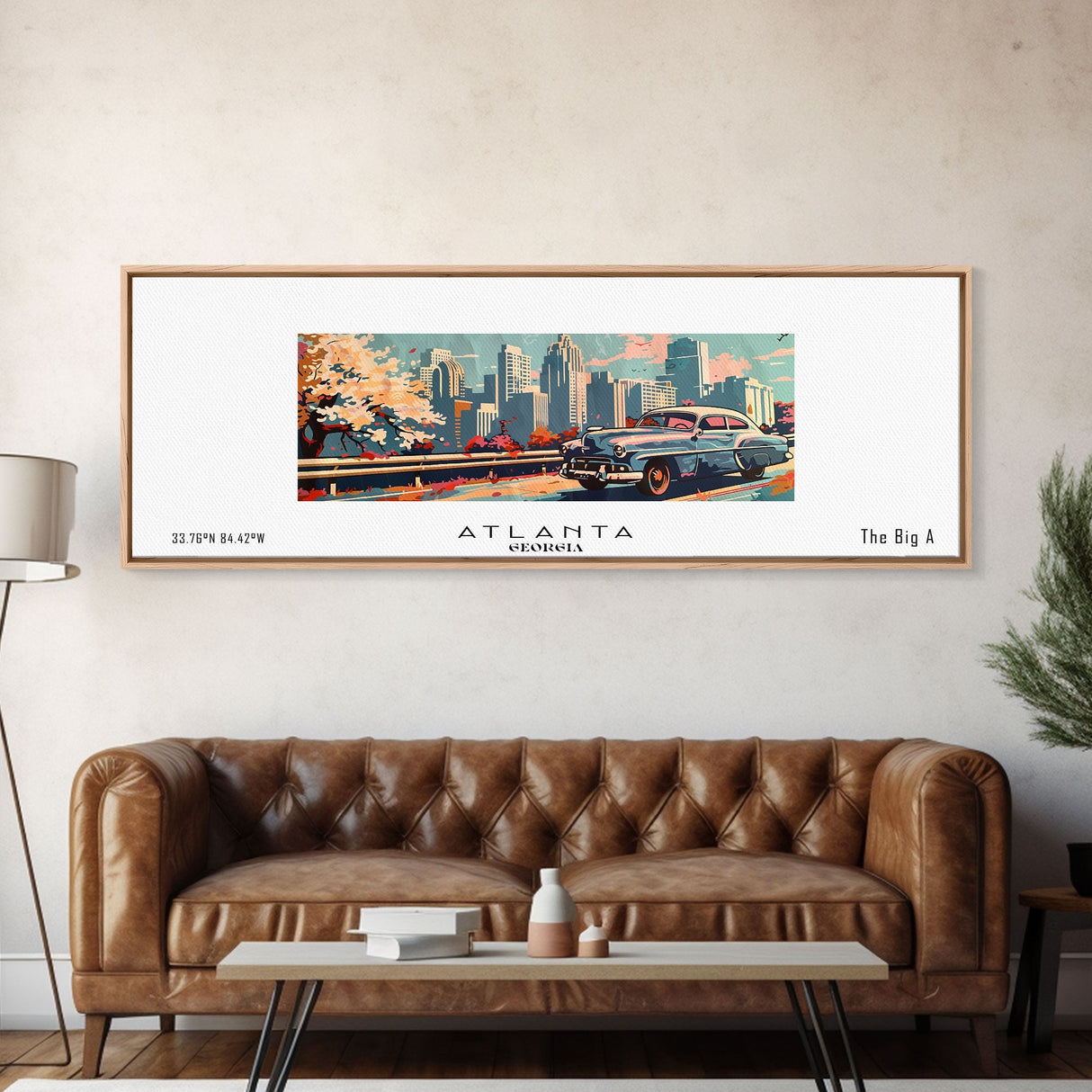 Atlanta Georgia Panoramic Painting, Mid Century Modern Framed Canvas Print, Retro Pop Art Travel Poster, Wall Decor, Gift Idea, Home Decor