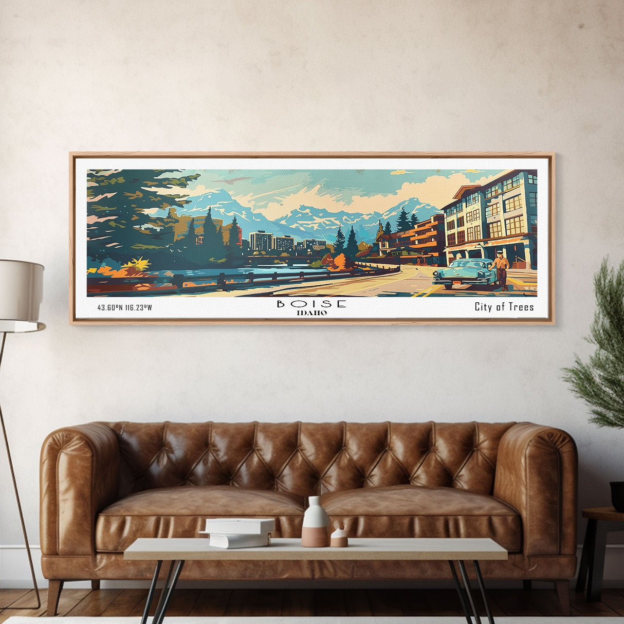 Boise Idaho Panoramic Painting, Mid Century Modern Framed Canvas Print, Retro Pop Art Travel Poster, Wall Art, Home Decor, Office Wall Art