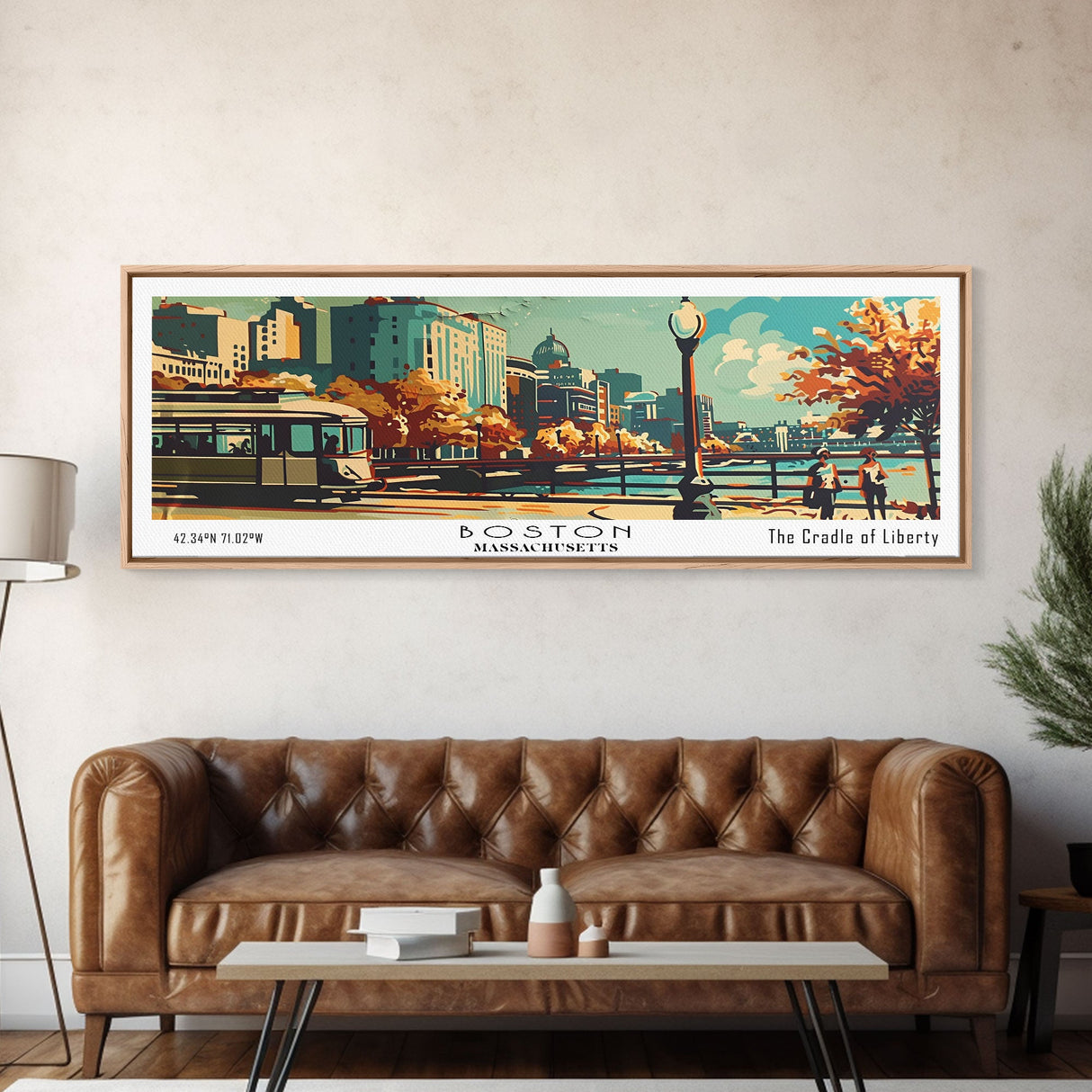 Boston Massachusetts Panoramic Wall Art, Mid Century Modern Framed Canvas Print, Retro Pop Art Travel Poster, Office Art, Living Room Decor