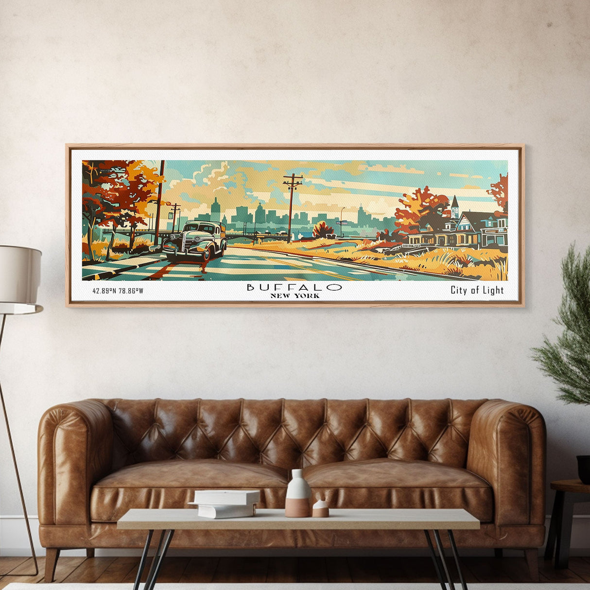 Buffalo New York Panoramic Painting, Mid Century Modern Framed Canvas Print, Retro Pop Art Travel Poster, Wall Decor, Home Decor, Wall Hanging