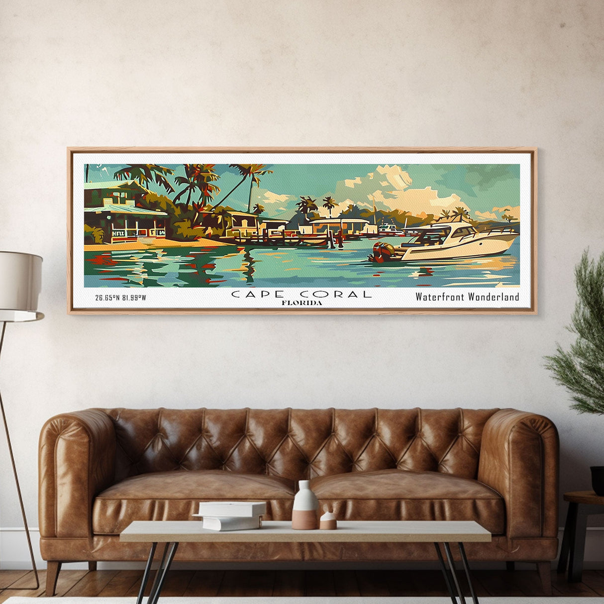 Cape Coral Florida Panoramic Wall Art, Retro Pop Art Framed Canvas Print, Mid Century Modern Travel Poster, Living Room Decor, Office Wall Art