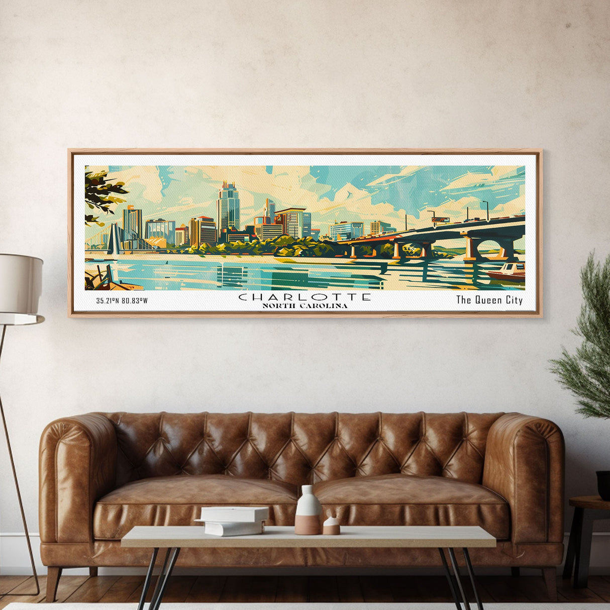 Charlotte North Carolina Panoramic Painting, Mid Century Modern Framed Canvas Print, Retro Pop Art Travel Poster, Wall Art, Home Decor, Office Art