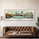 Chicago Illinois Panoramic Painting, Mid Century Modern Framed Canvas Print, Retro Pop Art Travel Poster, Wall Decor, Gift Idea, Home Decor