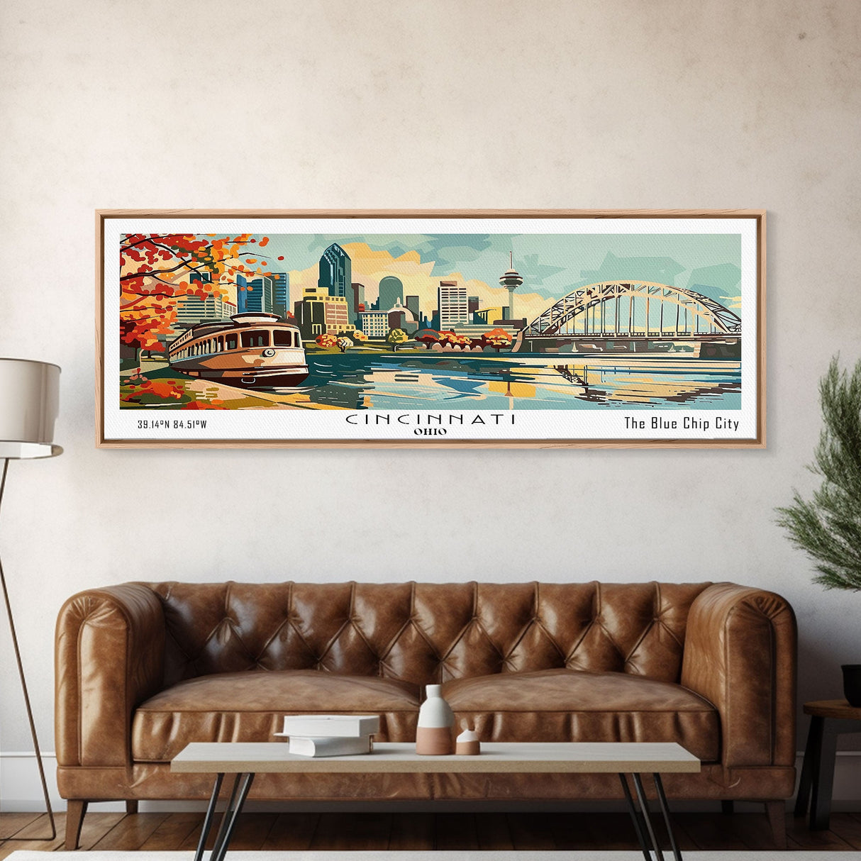 Cincinnati Ohio Panoramic Wall Art, Retro Pop Art Framed Canvas Print, Mid Century Modern Travel Poster, Living Room Decor, Wall Hanging, Office Art