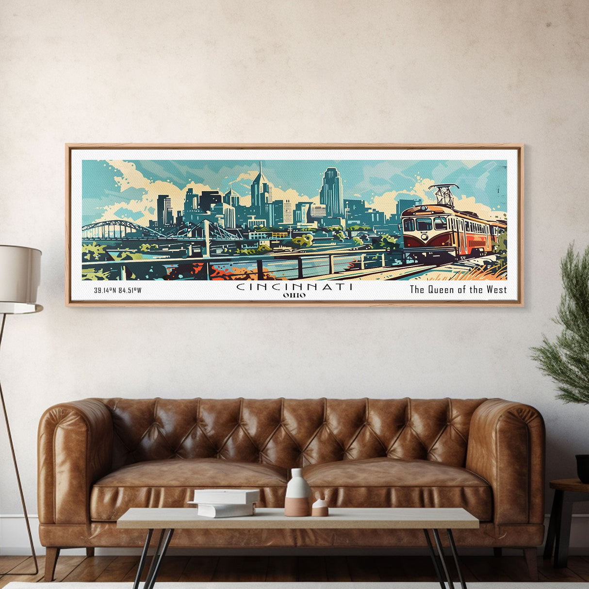 Cincinnati Ohio Panoramic Wall Art, Retro Pop Art Framed Canvas Print, Mid Century Modern Travel Poster, Living Room Decor, Wall Hanging, Office Art