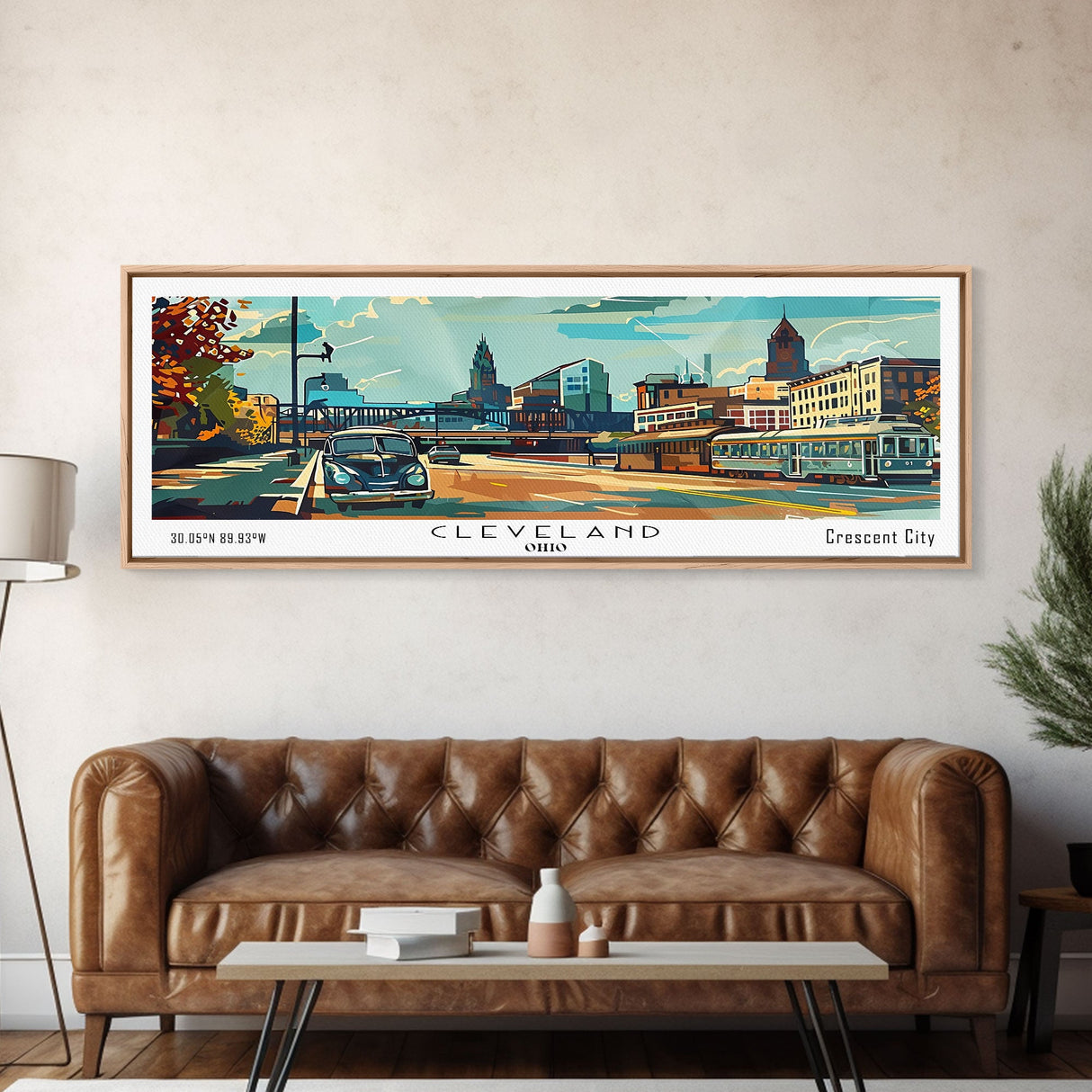 Cleveland Ohio Panoramic Wall Art, Mid Century Modern Framed Canvas Print, Retro Pop Art Travel Poster, Office Wall Art, Living Room Decor