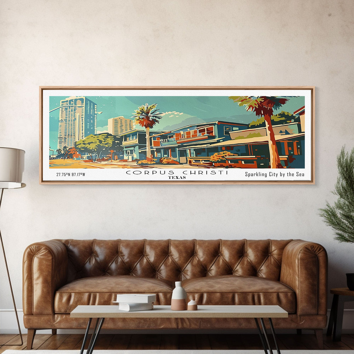 Corpus Christi Texas Panoramic Painting, Mid Century Modern Framed Canvas Print, Retro Pop Art Travel Poster, Wall Decor, Home Decor, Wall Hanging