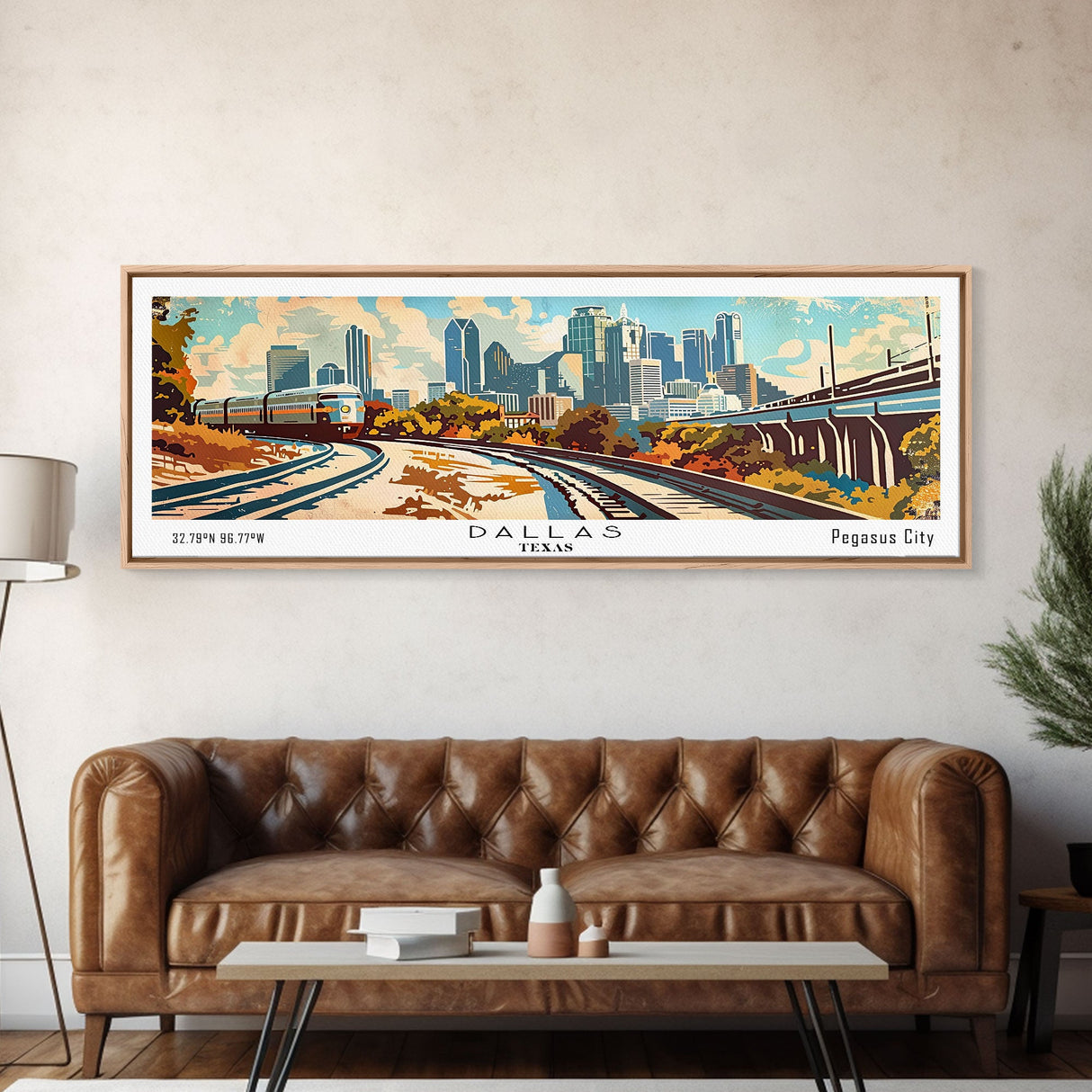 Dallas Texas Panoramic Wall Art, Retro Pop Art Framed Canvas Print, Mid Century Modern Travel Poster, Living Room Decor, Office Art