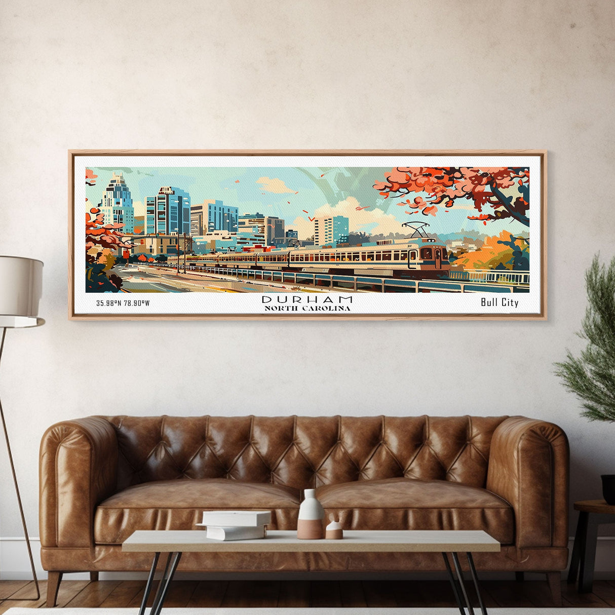 Durham North Carolina Panoramic Painting, Mid Century Modern Framed Canvas Print, Retro Pop Art Travel Poster, Wall Decor, Home Decor, Wall Hanging