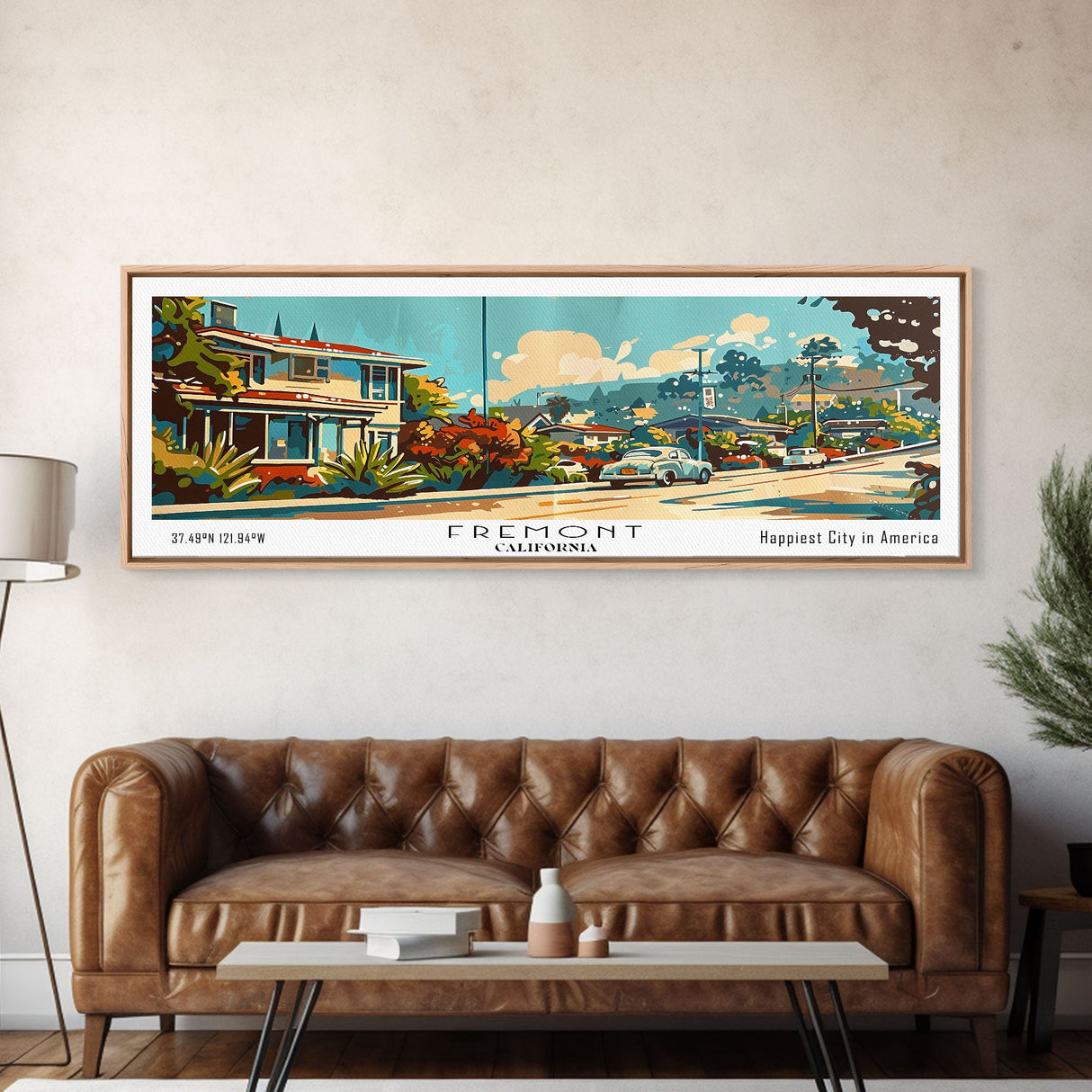 Fremont California Panoramic Painting, Mid Century Modern Framed Canvas Print, Retro Pop Art Travel Poster, Wall Decor, Gift Idea, Home Decor