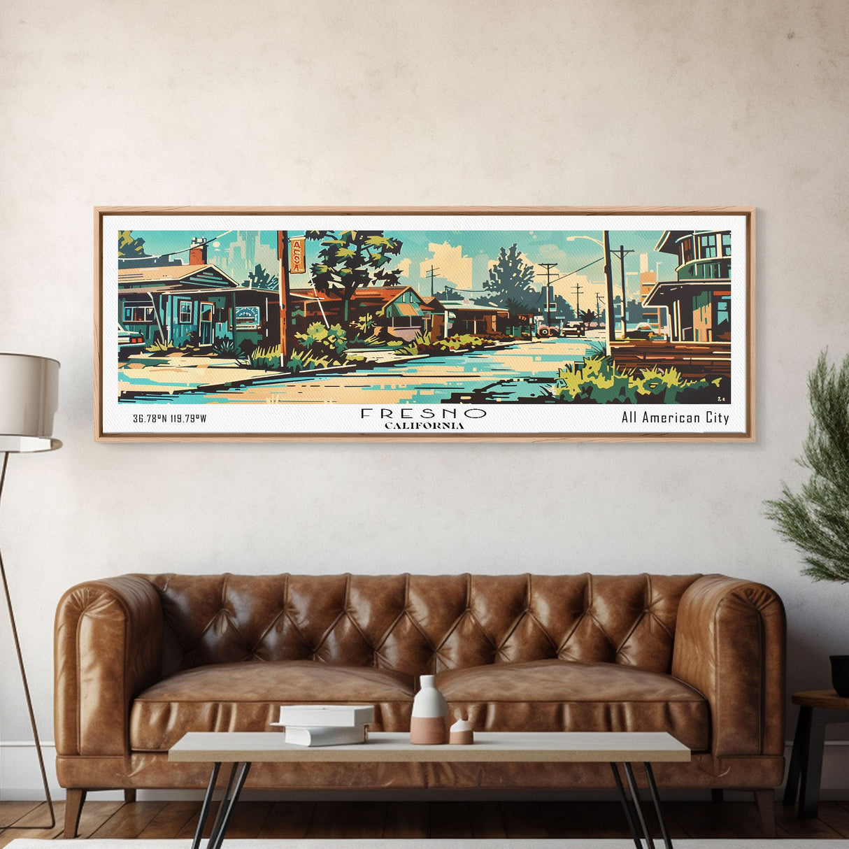 Fresno California Panoramic Wall Art, Retro Pop Art Framed Canvas Print, Mid Century Modern Travel Poster, Living Room Decor, Wall Hanging, Office Art