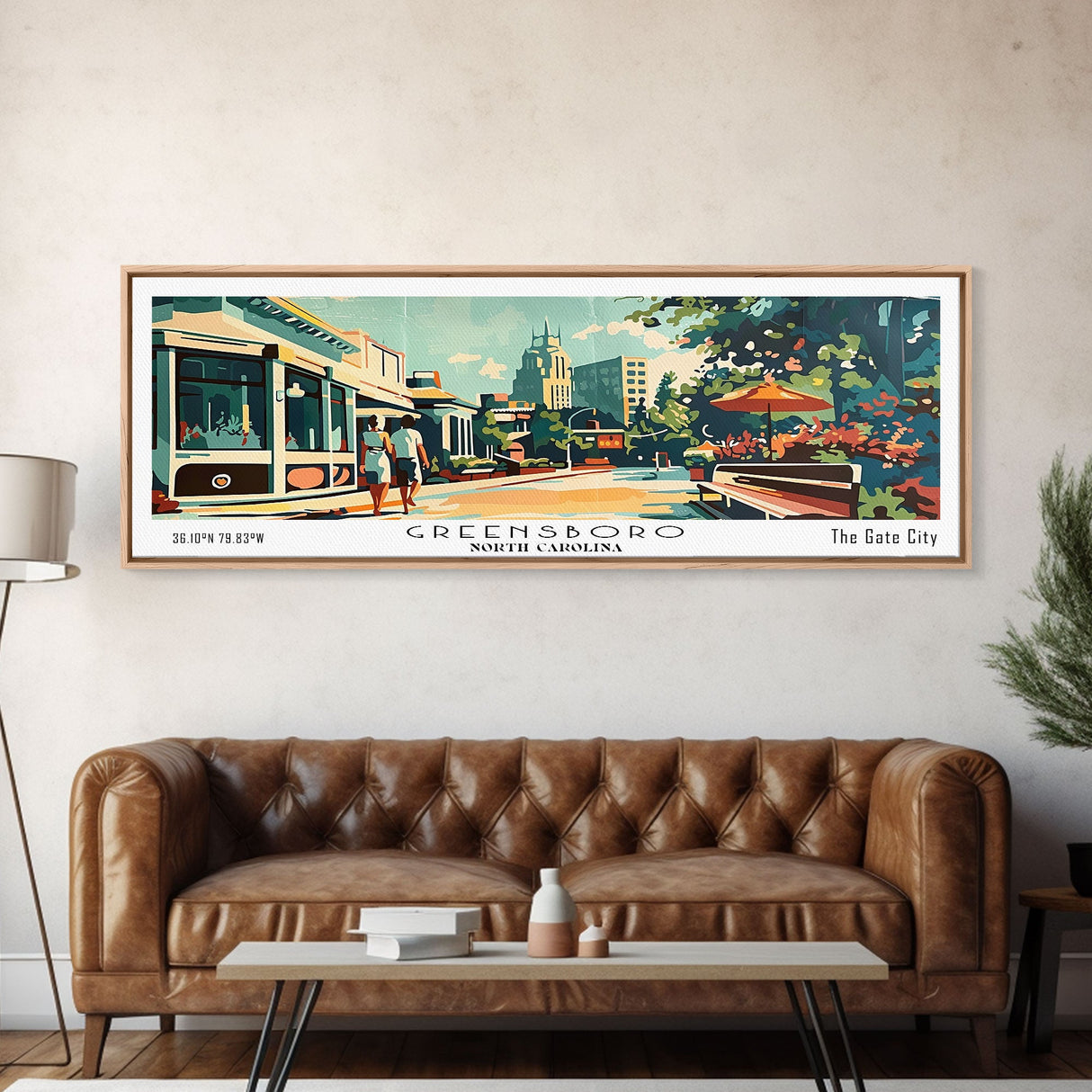 Greensboro North Carolina Panoramic Painting, Mid Century Modern Framed Canvas Print, Retro Pop Art Travel Poster, Wall Art, Living Room Decor, Office Art