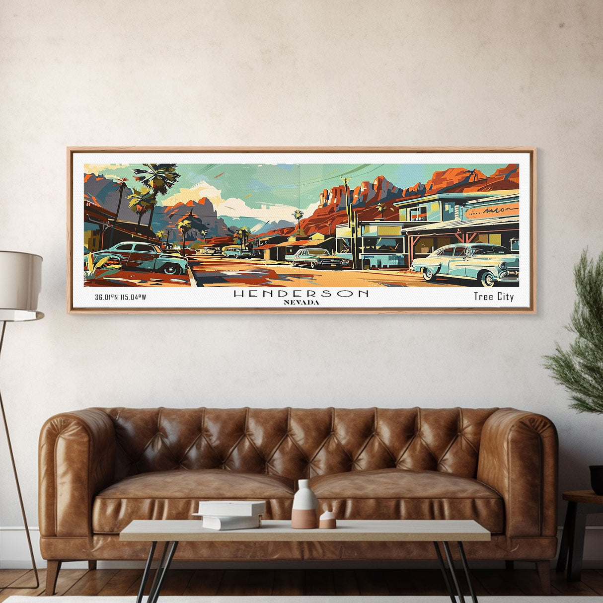 Henderson Nevada Panoramic Wall Art, Mid Century Modern Framed Canvas Print, Retro Pop Art Travel Poster, Home Decor, Office Art, Living Room Wall Hanging