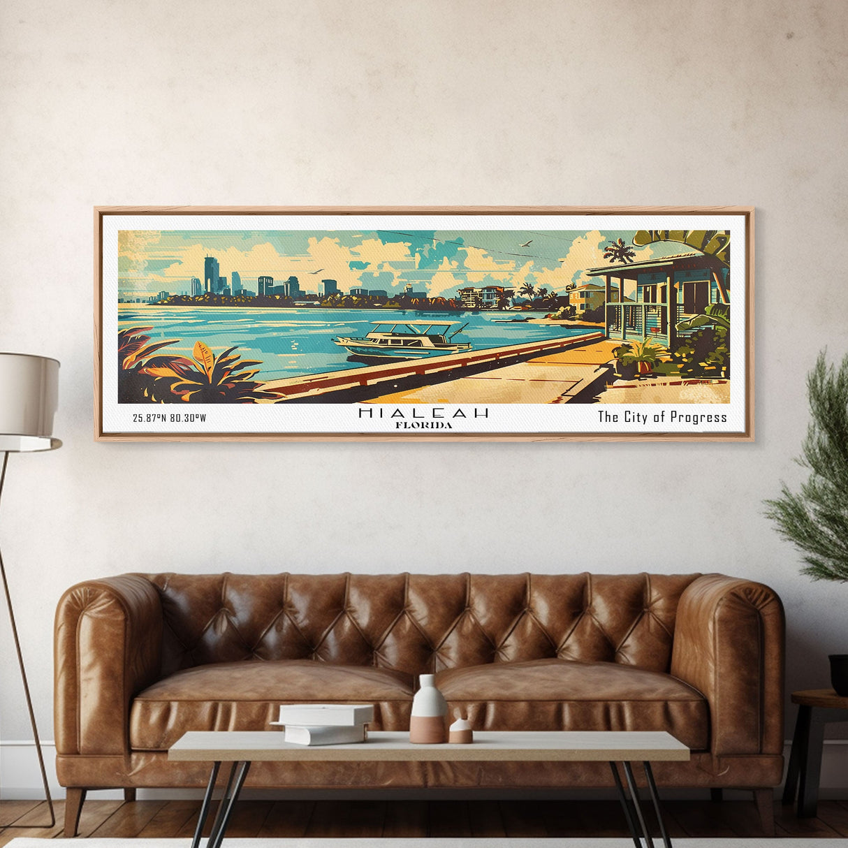 Hialeah Florida Panoramic Painting, Mid Century Modern Framed Canvas Print, Retro Pop Art Travel Poster, Wall Art, Home Decor, Office Wall Art, Gift Idea