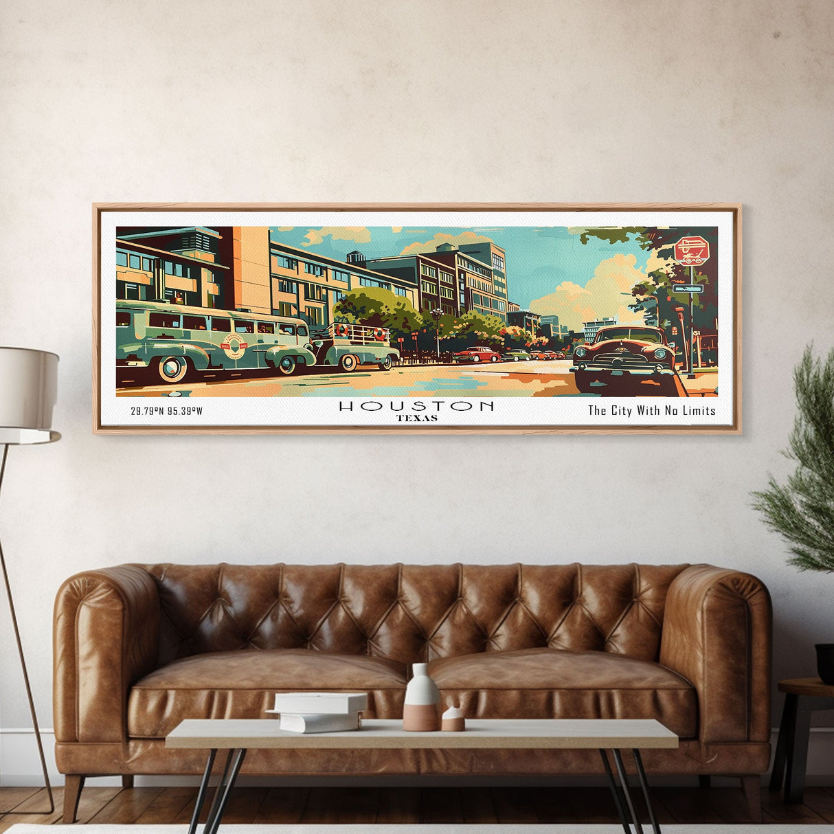 Houston Texas Panoramic Painting, Mid Century Modern Framed Canvas Print, Retro Pop Art Travel Poster, Wall Art, Home Decor, Office Wall Art, Living Room Decor