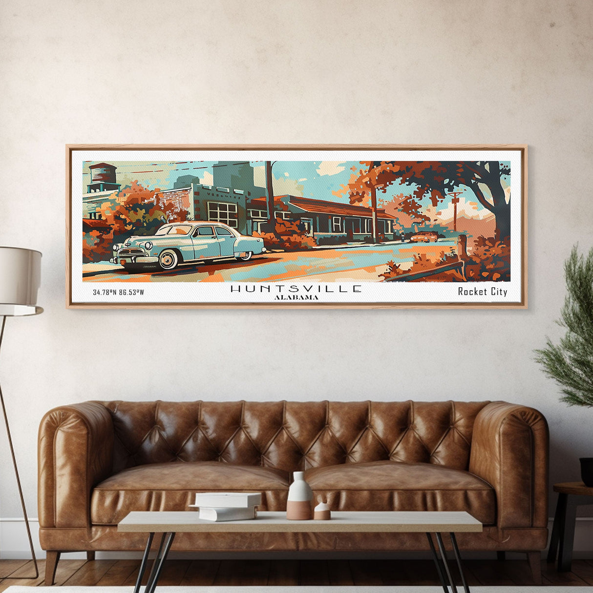 Huntsville Alabama Panoramic Wall Art, Mid Century Modern Framed Canvas Print, Retro Pop Art Travel Poster, Home Decor, Office Art, Gift Idea, Wall Hanging