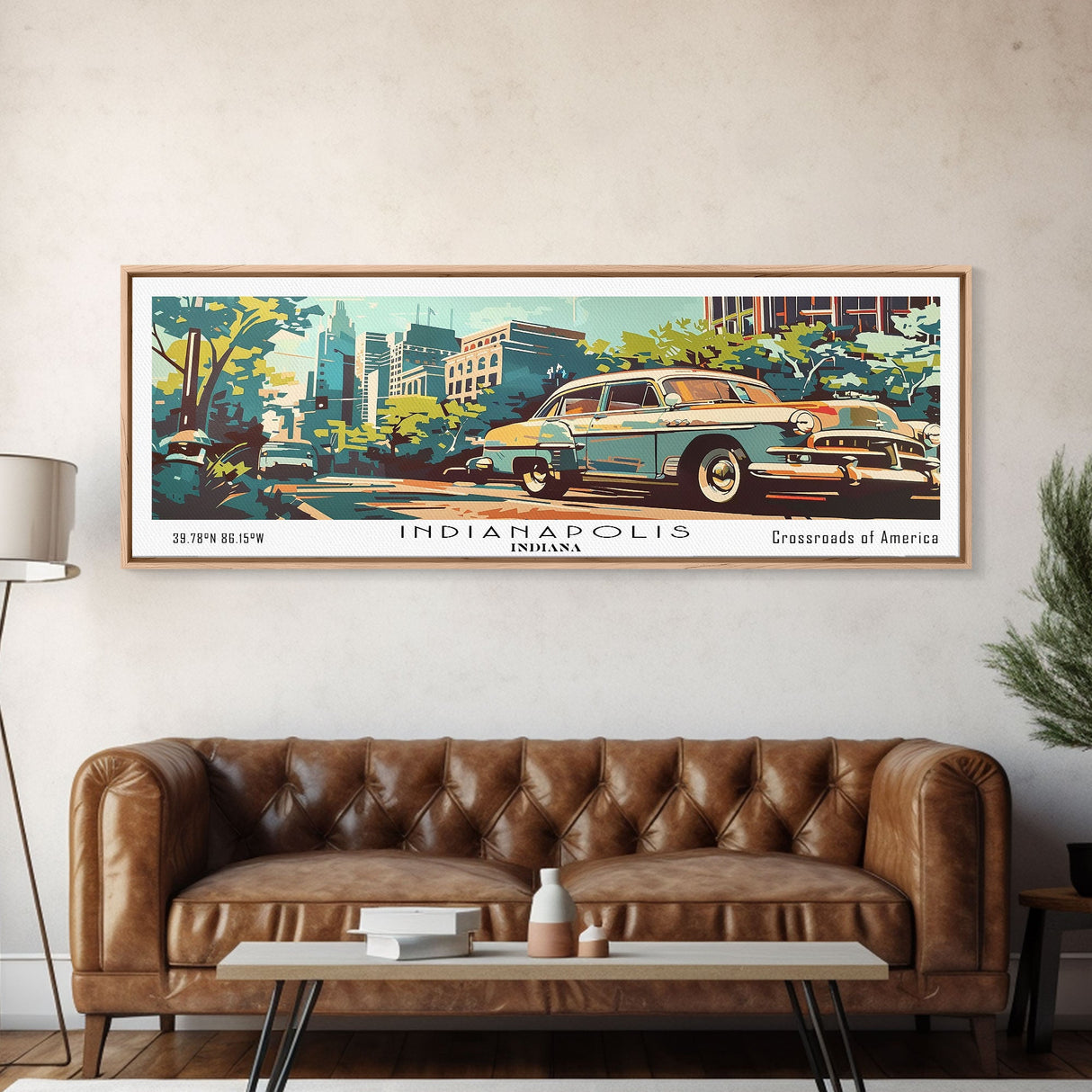 Indianapolis Indiana Panoramic Painting, Mid Century Modern Framed Canvas Print, Retro Pop Art Travel Poster, Wall Art, Living Room Decor, Office Wall Art