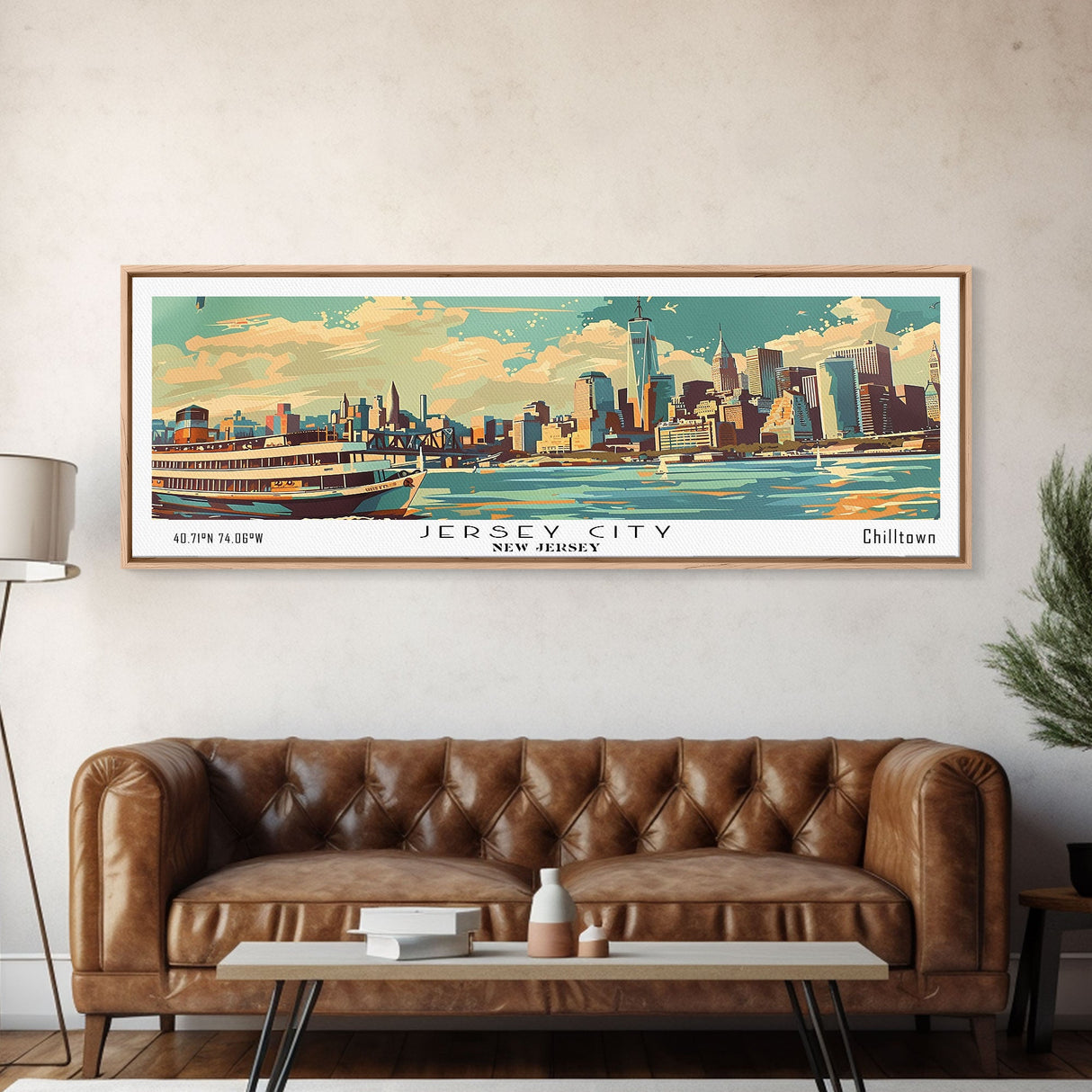 Jersey City New Jersey Panoramic Painting, Mid Century Modern Framed Canvas Print, Retro Pop Art Travel Poster, Wall Art, Home Decor, Office Wall Art, Living Room Decor