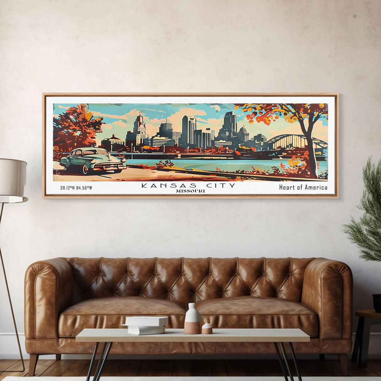 Kansas City Missouri Panoramic Wall Art, Mid Century Modern Framed Canvas Print, Retro Pop Art Travel Poster, Home Decor, Office Art, Gift Idea, Wall Hanging