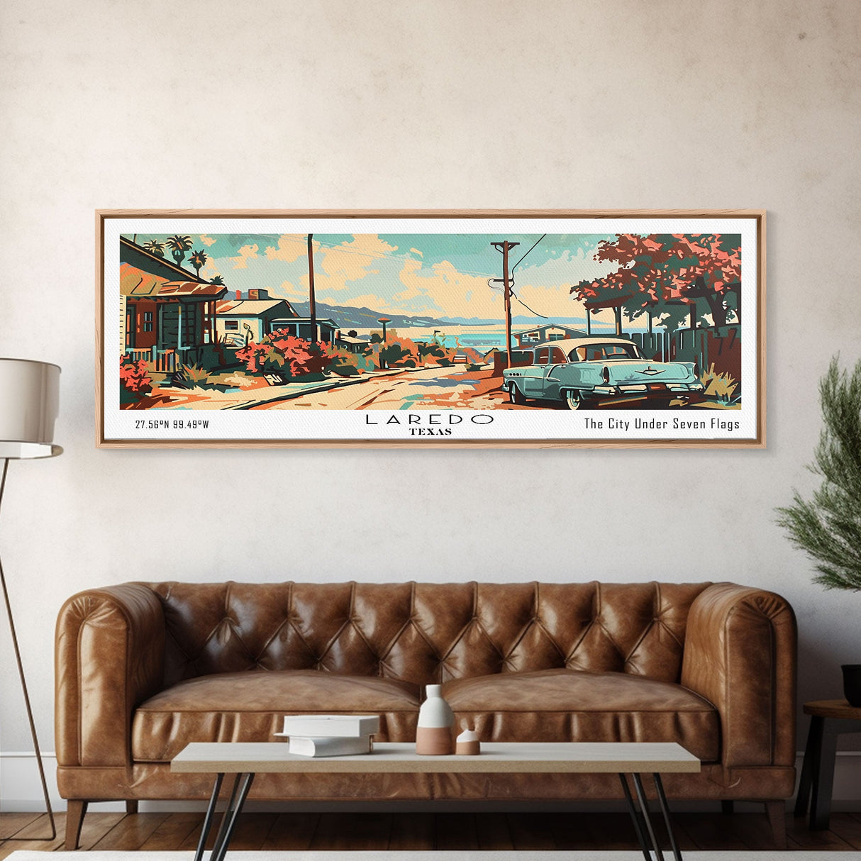 Laredo Texas Panoramic Painting, Mid Century Modern Framed Canvas Print, Retro Pop Art Travel Poster, Wall Art, Living Room Decor, Office Wall Art, Home Decor