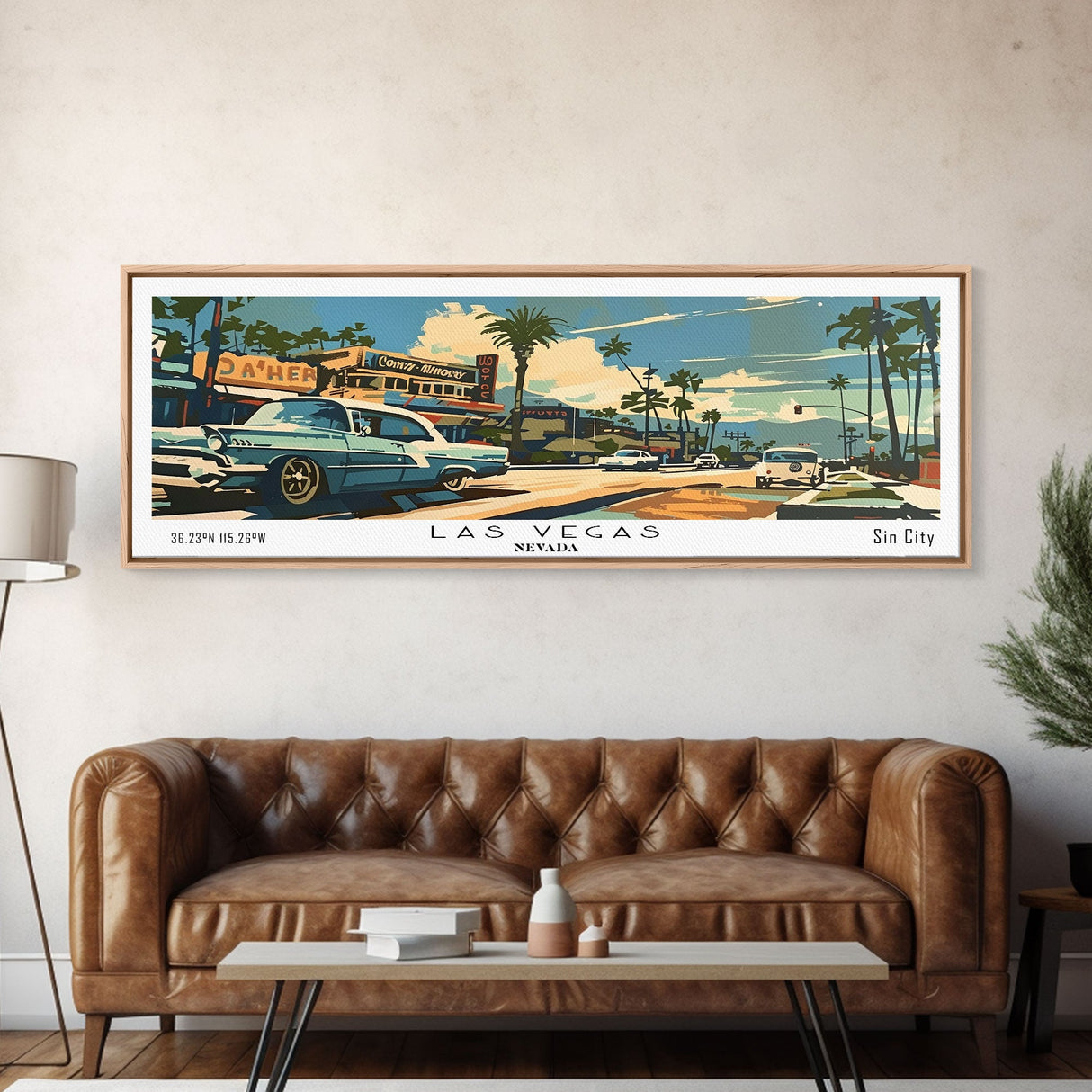 Las Vegas Nevada Panoramic Wall Art, Mid Century Modern Framed Canvas Print, Retro Pop Art Travel Poster, Home Decor, Office Art, Living Room Wall Hanging