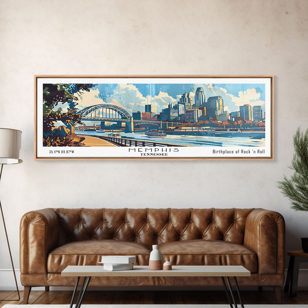 Memphis Tennessee Panoramic Wall Art, Mid Century Modern Framed Canvas Print, Retro Pop Art Travel Poster, Home Decor, Office Art, Gift Idea, Living Room Wall Hanging