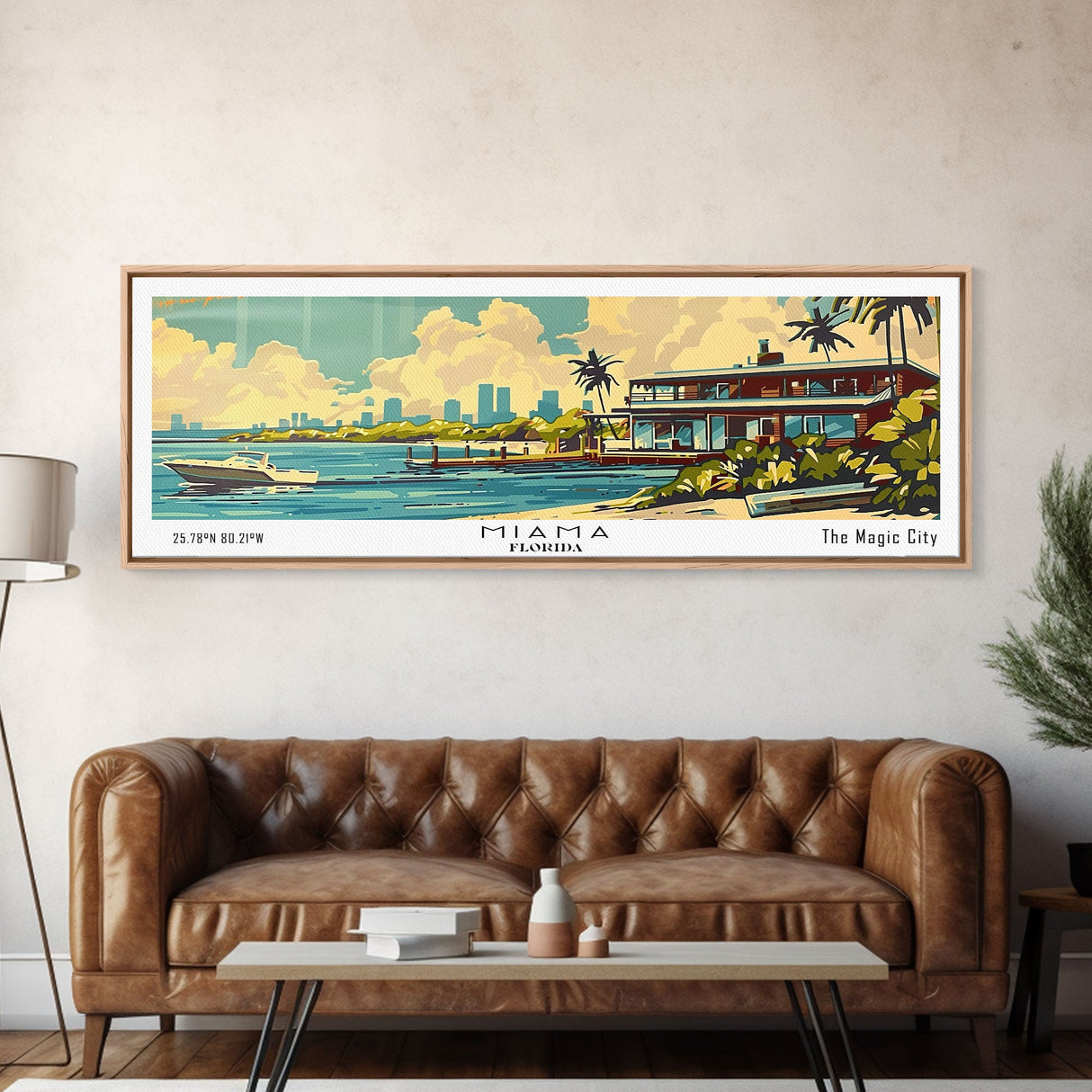 Miami Florida Panoramic Wall Art, Mid Century Modern Framed Canvas Print, Retro Pop Art Travel Poster, Home Decor, Office Art, Living Room Wall Hanging, Gift Idea