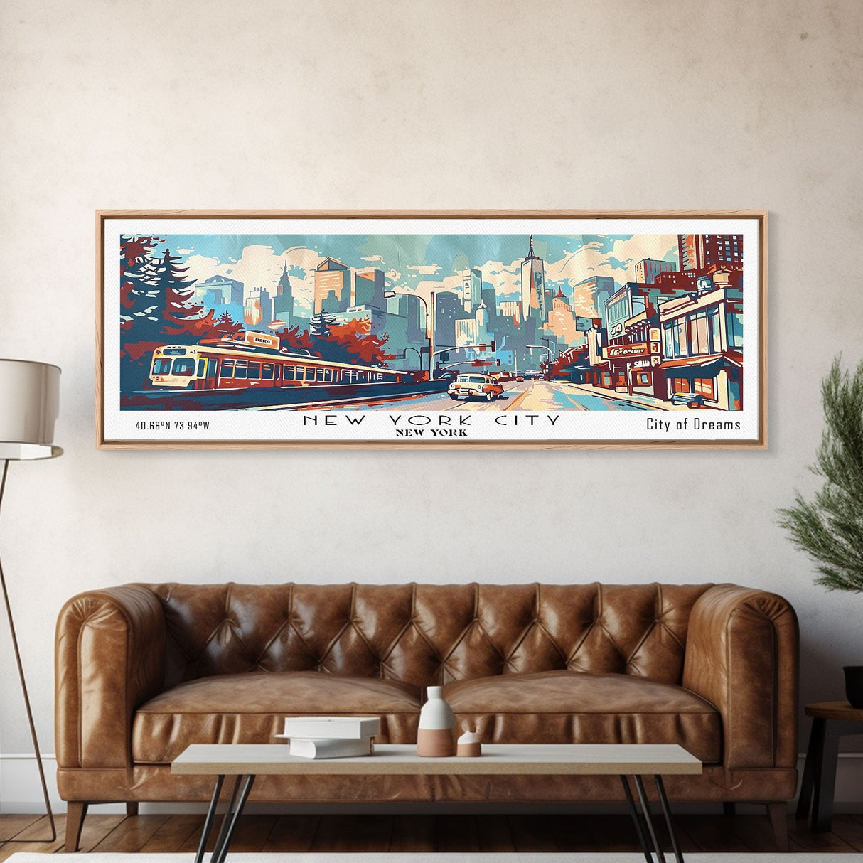 New York New York Panoramic Wall Art, Mid Century Modern Framed Canvas Print, Retro Pop Art Travel Poster, Home Decor, Office Art, Gift Idea, Living Room Wall Hanging