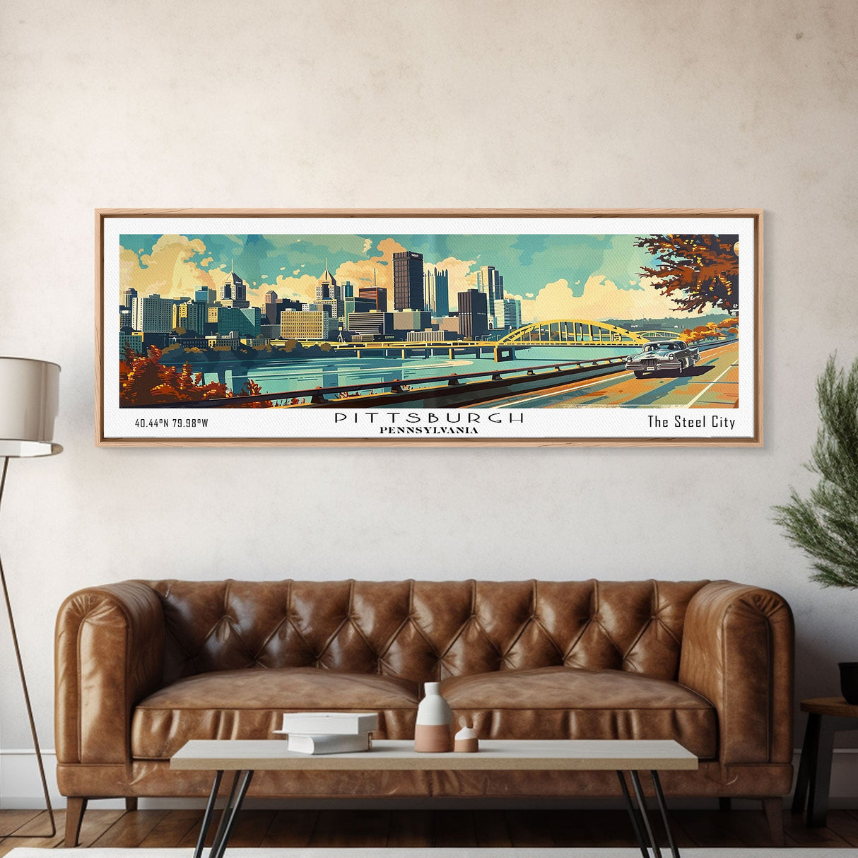 Pittsburgh Pennsylvania Panoramic Wall Art, Mid Century Modern Framed Canvas Print, Retro Pop Art Travel Poster, Living Room Decoration