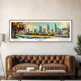 Plano Texas Panoramic Painting, Mid Century Modern Framed Canvas Print, Retro Pop Art Travel Poster, Living Room and Office Decor