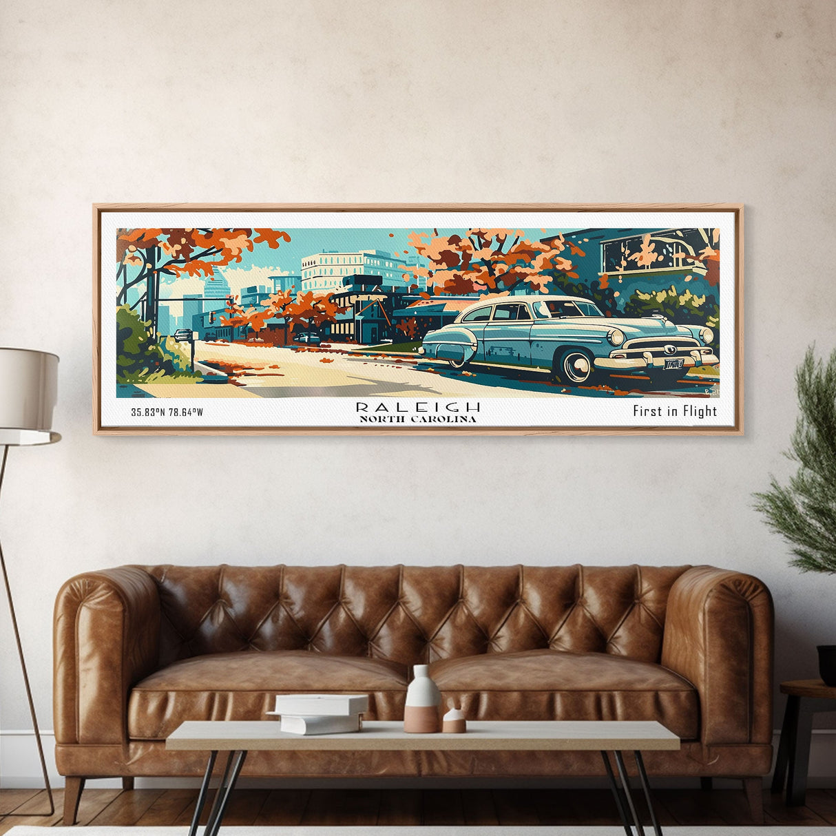 Raleigh North Carolina Panoramic Painting, Mid Century Modern Framed Canvas Print, Retro Pop Art Travel Poster, Living Room and Office Wall Art