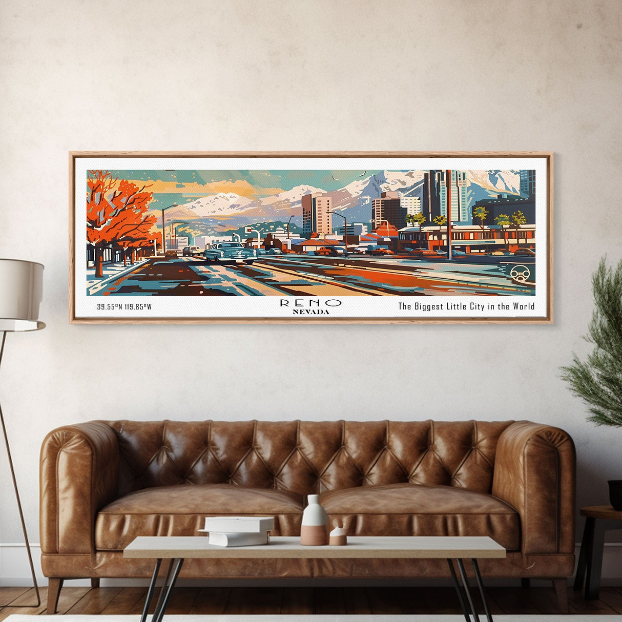 Reno Nevada Panoramic Wall Art, Mid Century Modern Framed Canvas Print, Retro Pop Art Travel Poster, Living Room Decor, Office Wall Hanging