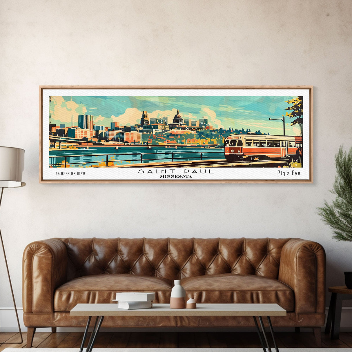 Saint Paul Minnesota Panoramic Wall Art, Mid Century Modern Framed Canvas Print, Retro Pop Art Travel Poster, Living Room and Office Decor