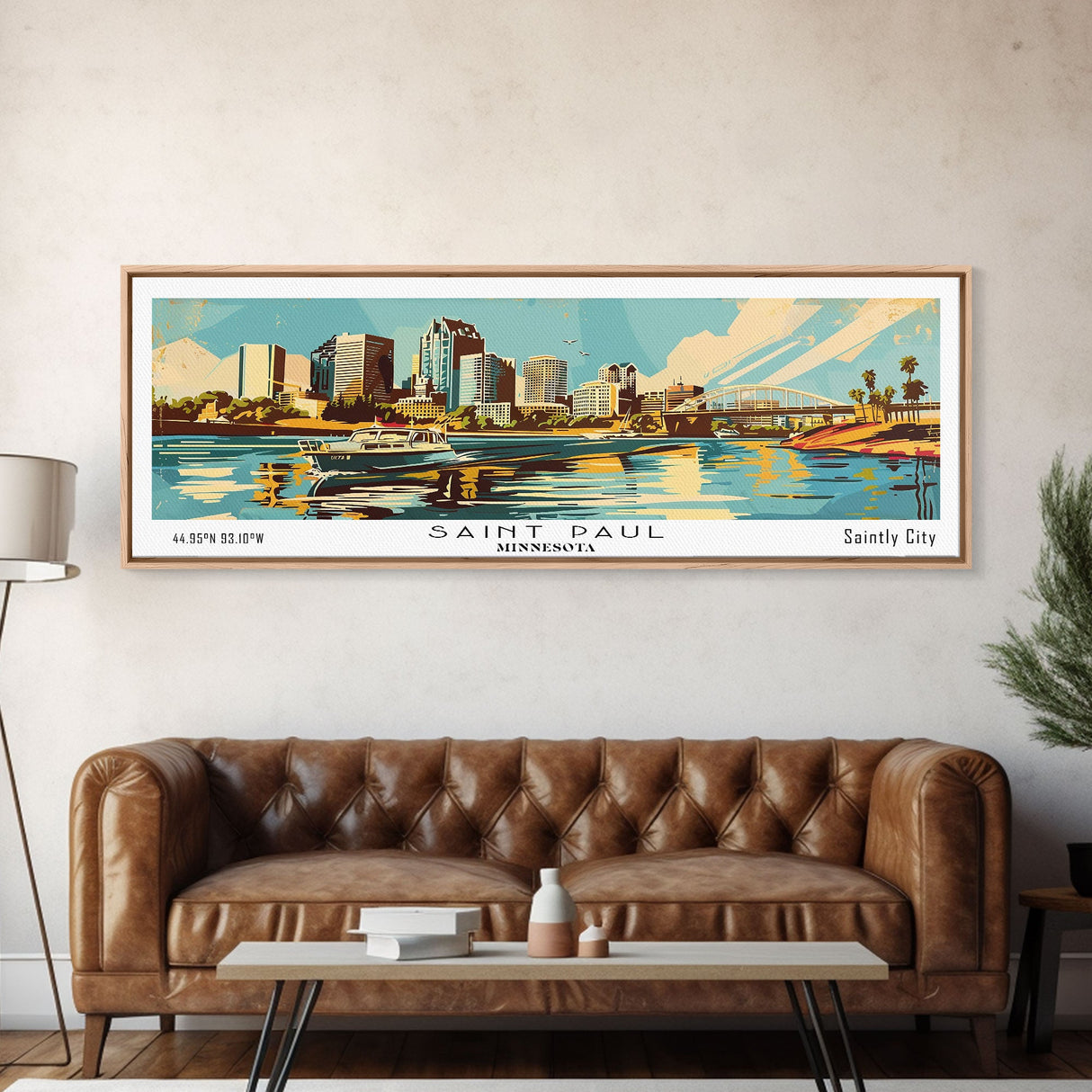 Saint Paul Minnesota Panoramic Painting, Mid Century Modern Framed Canvas Print, Retro Pop Art Travel Poster, Living Room and Office Wall Art