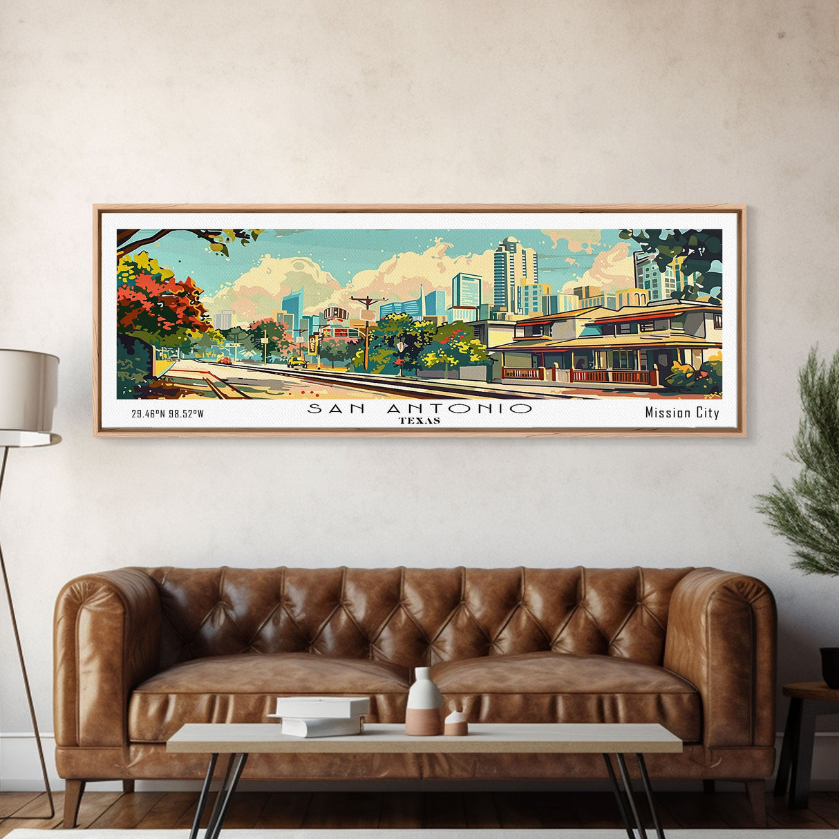 San Antonio Texas Panoramic Wall Art, Mid Century Modern Framed Canvas Print, Retro Pop Art Travel Poster, Living Room and Office Decor