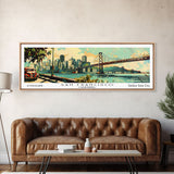 San Francisco California Panoramic Painting, Mid Century Modern Framed Canvas Print, Retro Pop Art Travel Poster, Living Room and Office Wall Art