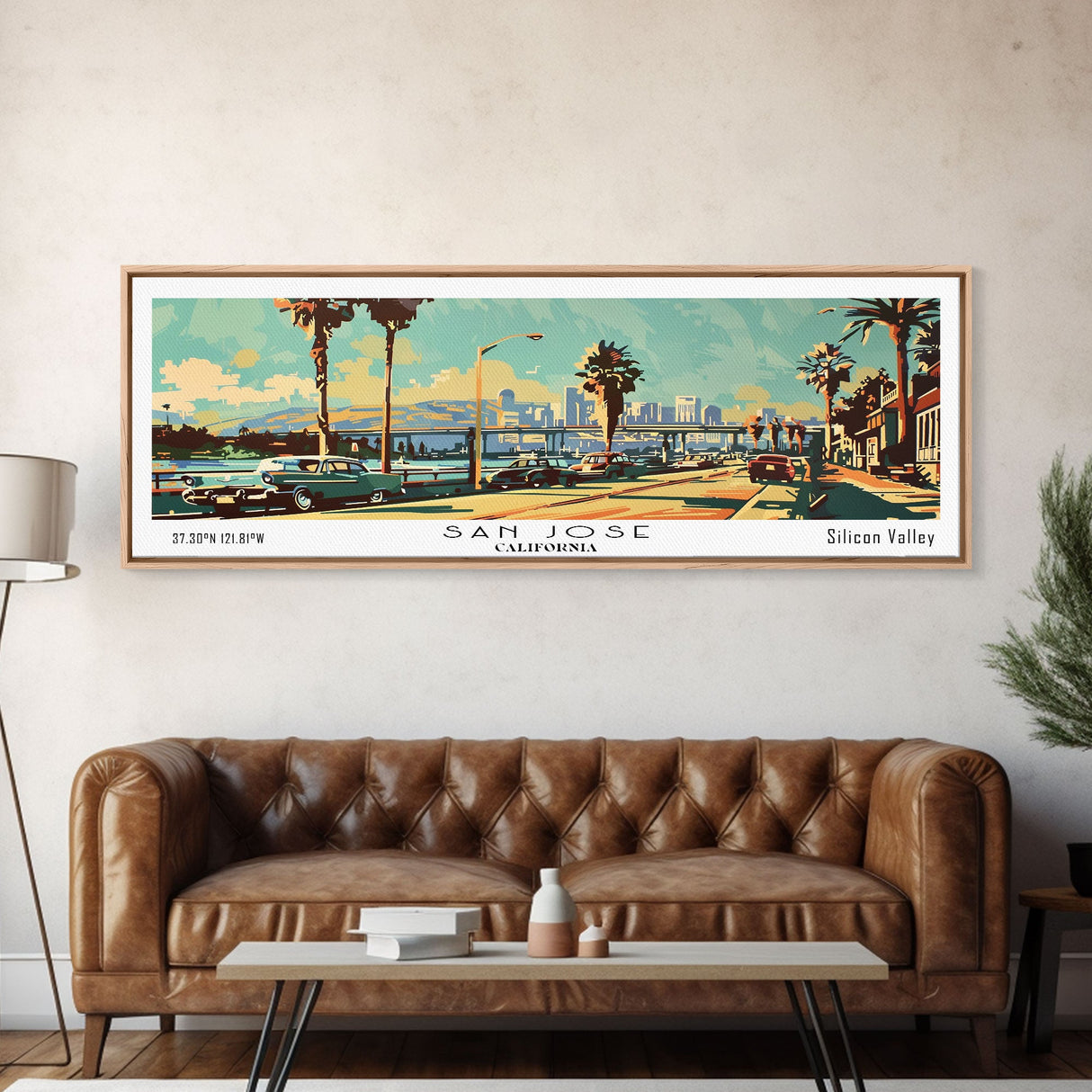 San Jose California Panoramic Wall Art, Mid Century Modern Framed Canvas Print, Retro Pop Art Travel Poster, Living Room and Office Decor