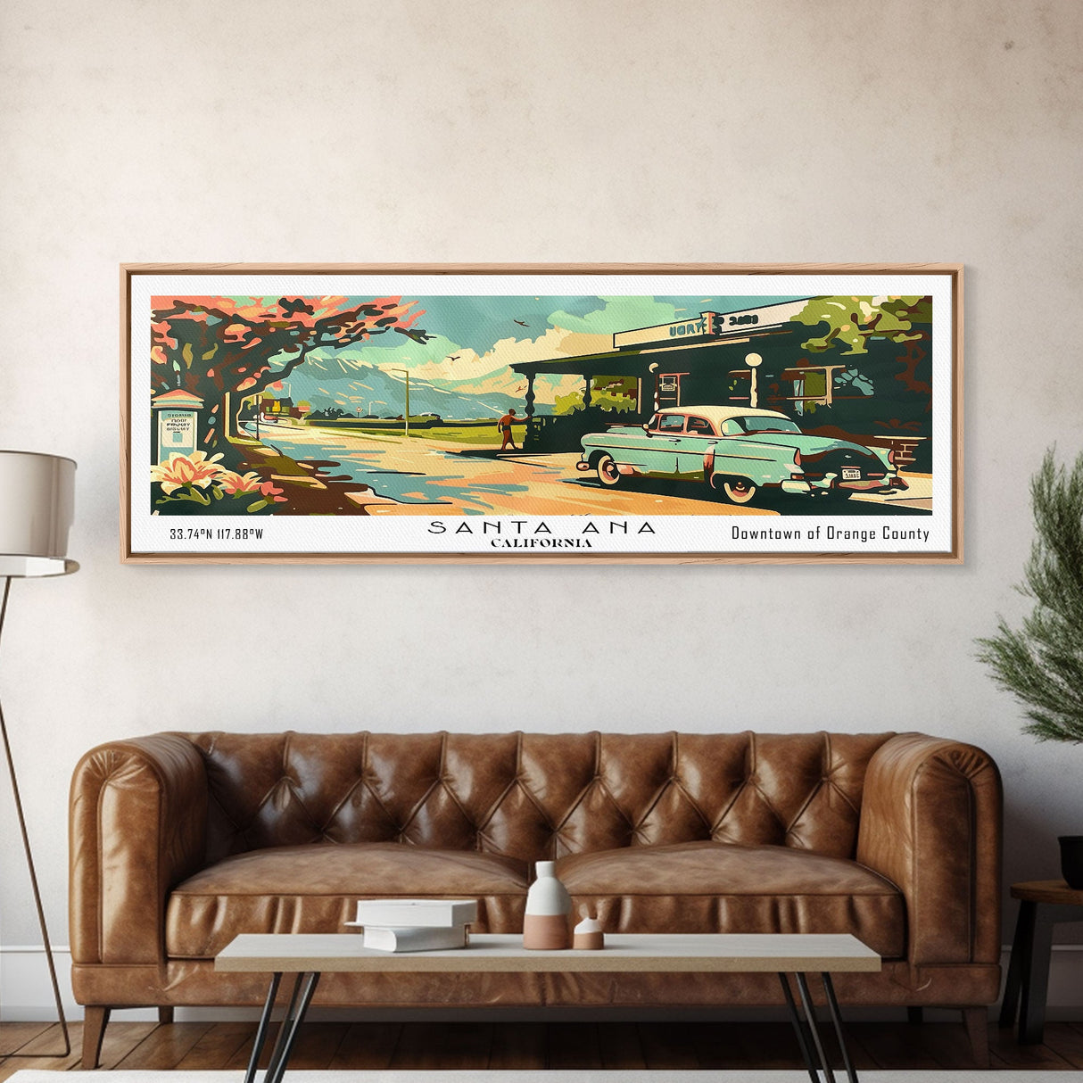 Santa Ana California Panoramic Painting, Mid Century Modern Framed Canvas Print, Retro Pop Art Travel Poster, Living Room and Office Wall Art