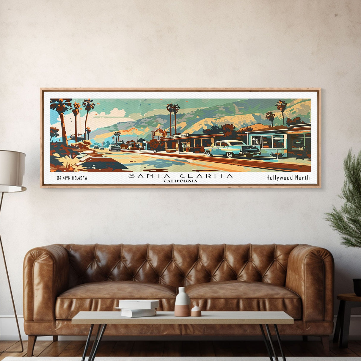 Santa Clarita California Panoramic Wall Art, Mid Century Modern Framed Canvas Print, Retro Pop Art Travel Poster, Living Room and Office Decor