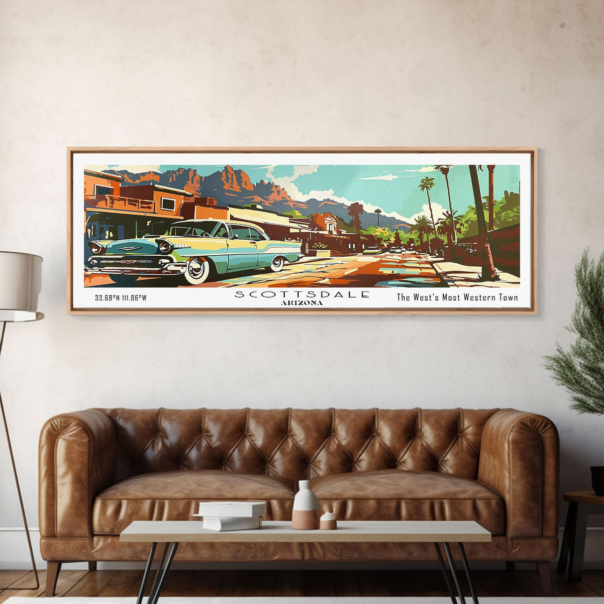 Scottsdale Arizona Panoramic Painting, Mid Century Modern Framed Canvas Print, Retro Pop Art Travel Poster, Living Room and Office Wall Art