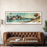 Seattle Washington Panoramic Painting, Mid Century Modern Framed Canvas Print, Retro Pop Art Travel Poster, Living Room Wall Art Decor