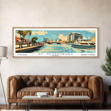 St. Petersburg Florida Panoramic Wall Art, Mid Century Modern Framed Canvas Print, Retro Pop Art Travel Poster, Living Room and Office Wall Art