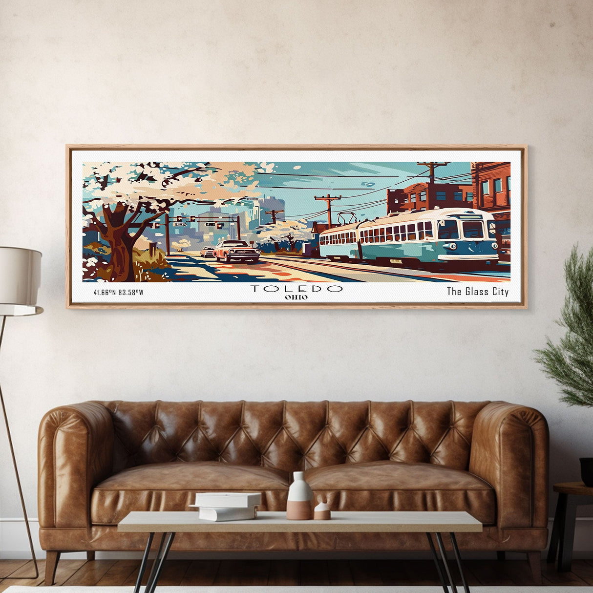 Toledo Ohio Panoramic Wall Art, Mid Century Modern Framed Canvas Print, Retro Pop Art Travel Poster, Living Room and Office Wall Art Decor