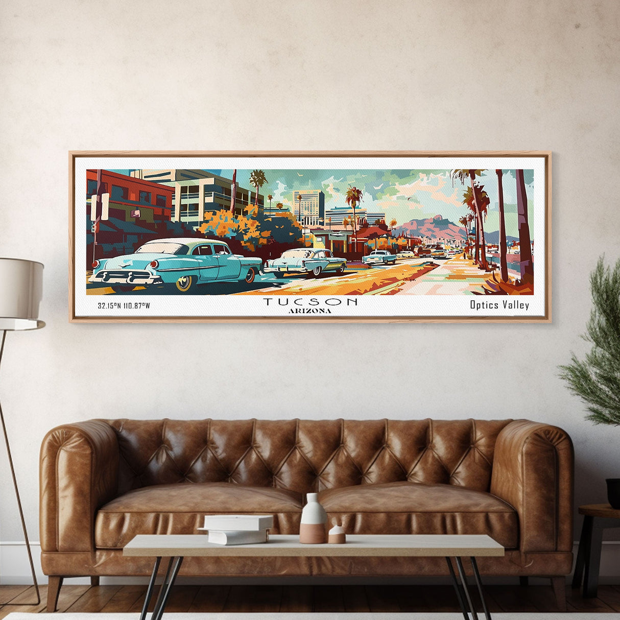 Tucson Arizona Panoramic Painting, Mid Century Modern Framed Canvas Print, Retro Pop Art Travel Poster, Living Room Wall Art and Office Decor