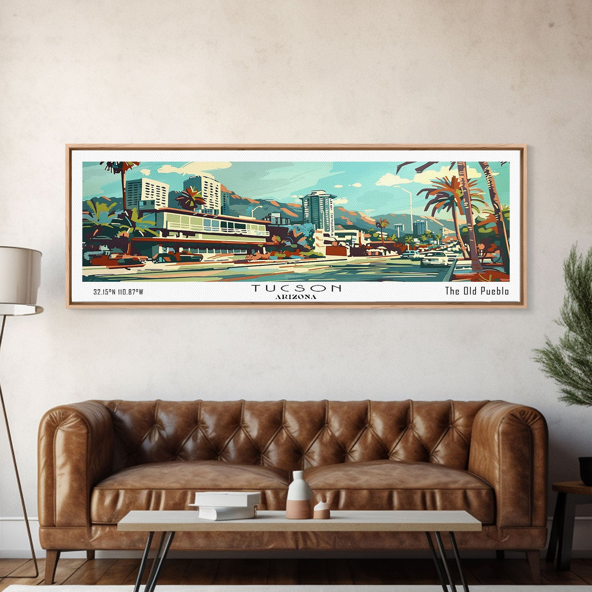 Tucson Arizona Panoramic Wall Art, Mid Century Modern Framed Canvas Print, Retro Pop Art Travel Poster, Living Room and Office Decor