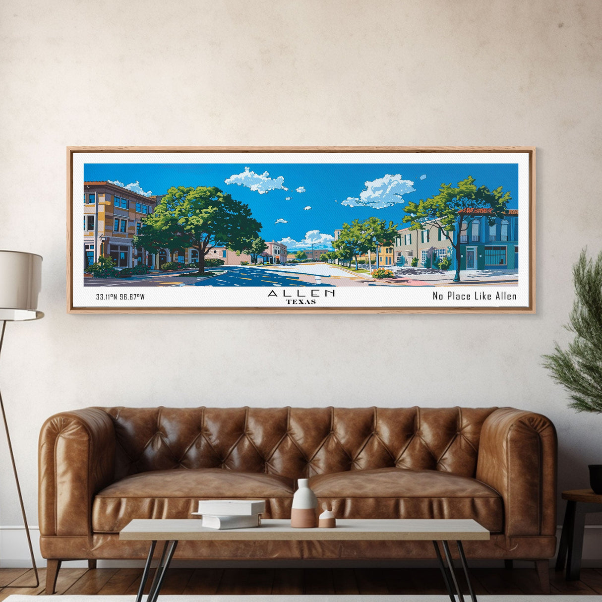 Allen Texas Panoramic Painting, Mid Century Modern Framed Canvas Print, Retro Pop Art Travel Poster, Living Room Wall Art Decor, City Art