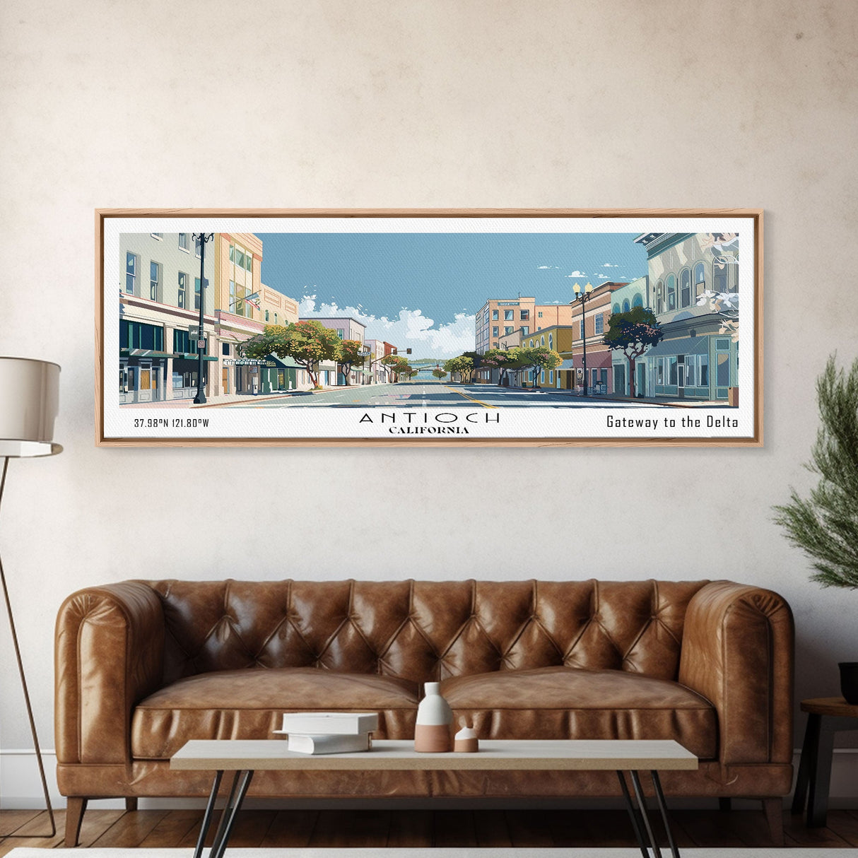 Antioch California Panoramic Painting, Mid Century Modern Framed Canvas Print, Retro Pop Art Travel Poster, Home Decor, City Art