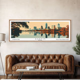 Austin Texas Panoramic Painting, Mid Century Modern Framed Canvas Print, Retro Pop Art Travel Poster, Home Decor, City Art