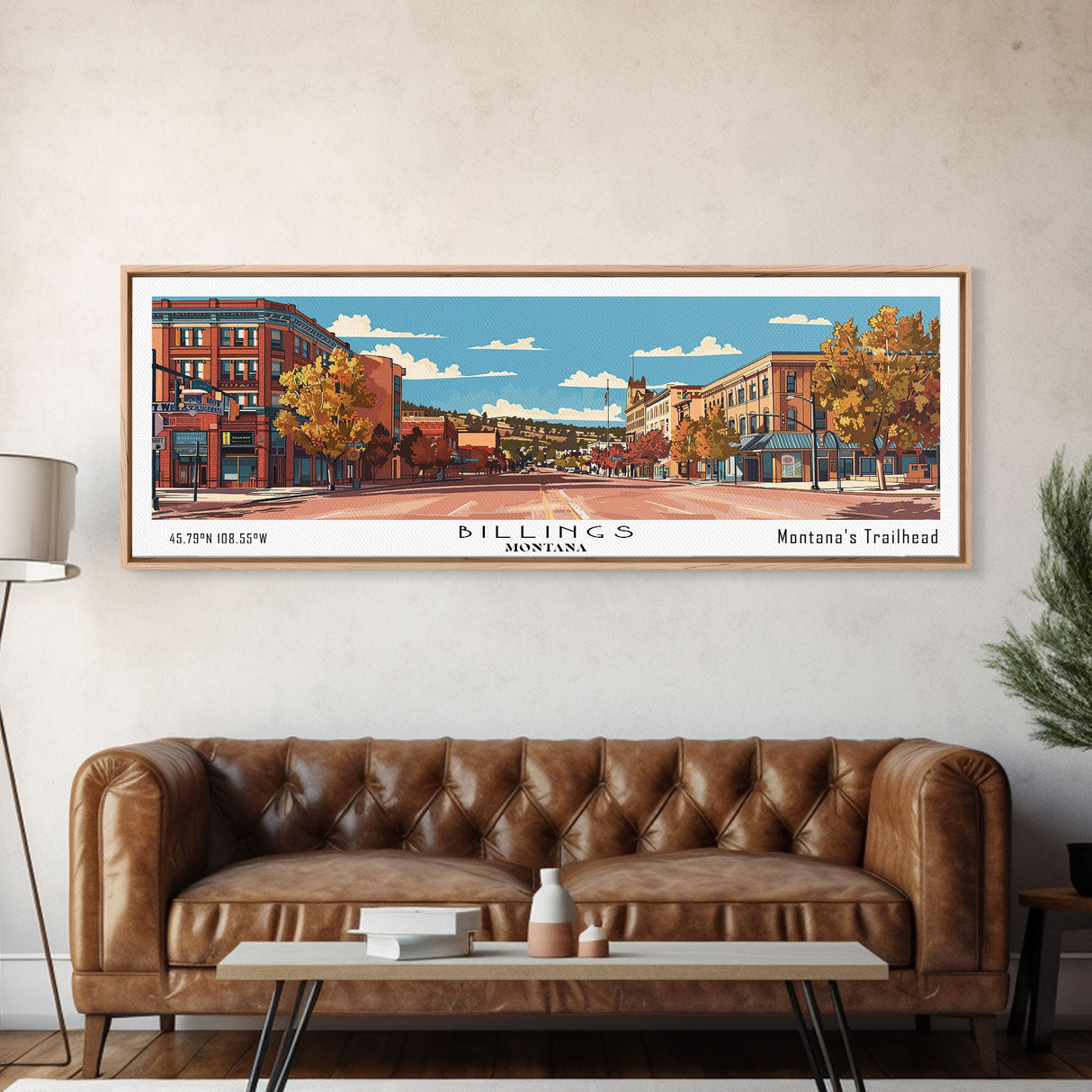 Billings Montana Panoramic Painting, Mid Century Modern Framed Canvas Print, Retro Pop Art Travel Poster, Living Room Wall Art, City Art