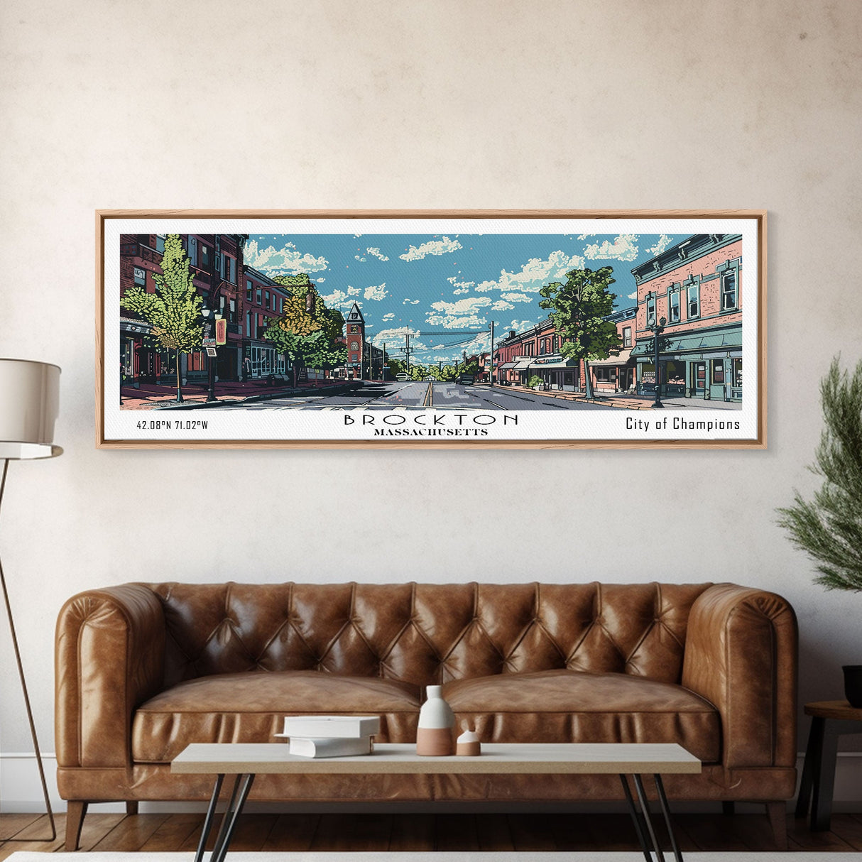 Brockton Massachusetts Panoramic Painting, Mid Century Modern Framed Canvas Print, Retro Pop Art Travel Poster, Home Decor, City Art